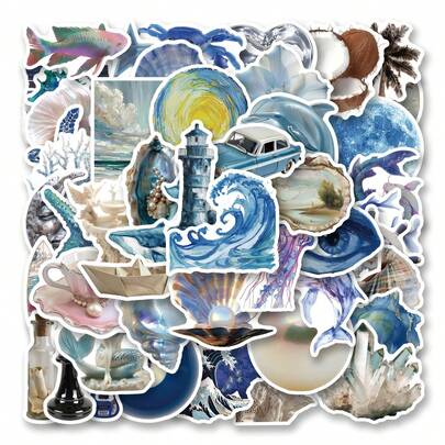 50 张/包复古海洋主题美学涂鸦贴纸，可爱卡通趣味动漫美学标签贴纸，适用于日记、剪贴簿、乐器、包装、信封、派对礼品、奖励、激励青少年和青年