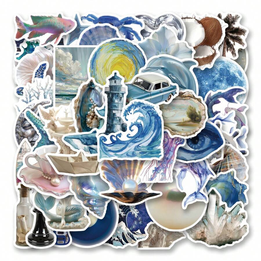paquete de 50 pegatinas con temática retro del océano y estética, pegatinas de dibujos animados lindos y divertidos, pegatinas estéticas de anime para diario, scrapbooking, instrumentos, envoltorios, sobres, regalos de fiesta, recompensas y motivación para adolescentes y jóvenes - Azul - Ver 1