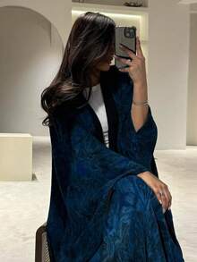 1 件优雅休闲人造丝雪纺扎染印花时尚开襟长袍 Abaya，精致面料和设计，朴素的长袍 - 深藍色 - 查看 3