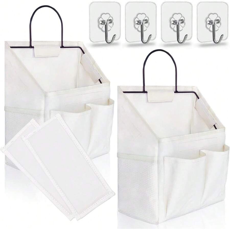 2pcs Small Wall Hanging Organizer Bag, Linen Fabric Door Hanging Storage Basket With Pockets, Waterproof Bin For Kitchen, Bedroom, Office, RV Camper - White(2 pcs) - View 1