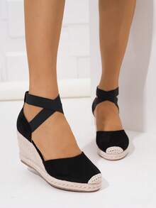 Women's Fashion Casual Vacation Straw Platform Wedge Slip-On Shoes - Black - View 2