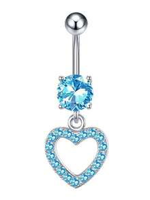 女士不锈钢防过敏 14G 肚脐穿孔饰品 - 心形 CZ 吊坠肚脐环，蓝色 - 彩色 - 查看 24