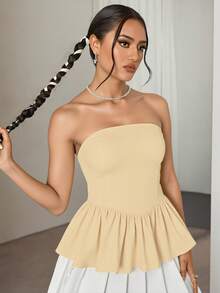 Blusa sin tirantes con pliegues lisos y dobladillo fruncido - Albaricoque - Ver 3