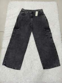 Calça jeans feminina cargo de wide leg de cintura alta  plus size com mamorizada grafite