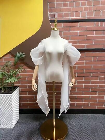 1 对白色雪纺长款透明水晶袖套，适合女士，可拆卸百搭袖套，适合新娘婚纱、连衣裙、角色扮演和摄影配饰