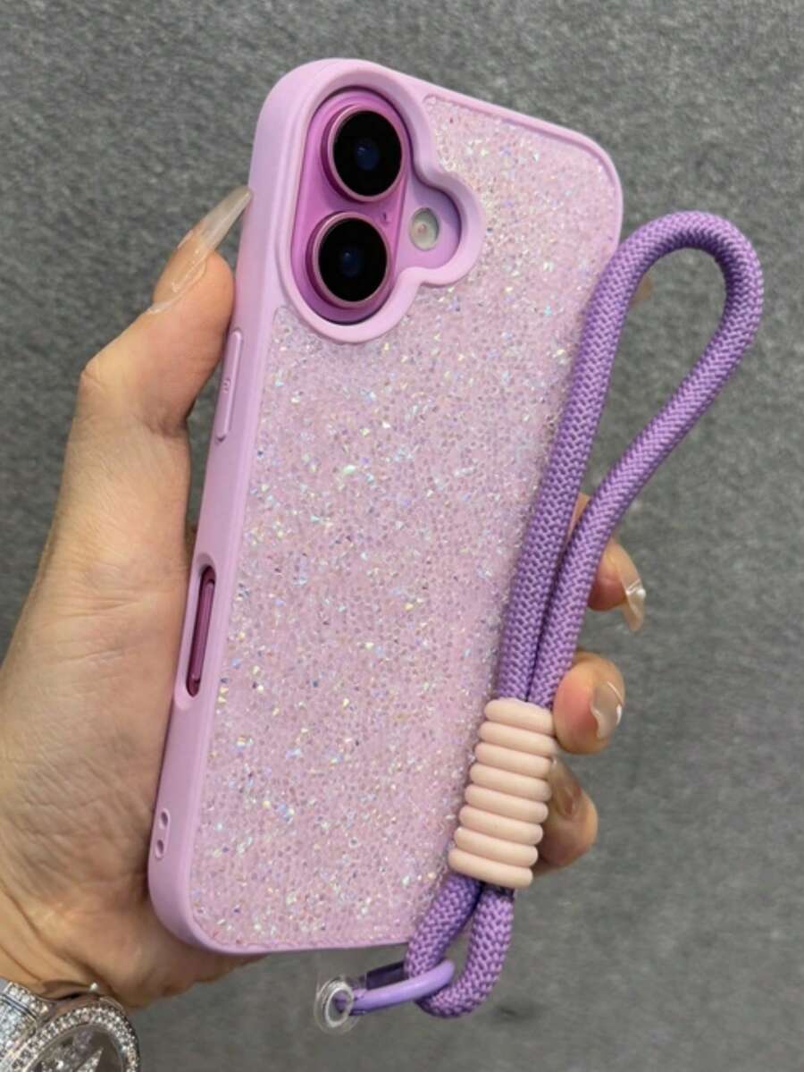 1pc Luxury Glitter Bling Diamond Cute Phone Case With Short Lanyard For IPhone 17 AIR 16 15 14 13 12 11 Pro Max Plus Soft Silicone Back Cover - Purple - View 1
