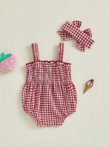 Baby Girl Strawberry Outfit Plaid Smocked Sleeveless Overall Romper Te-Up Headband Cute Summer Clothes 2Pcs Set