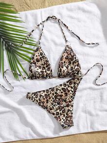 2pcs Summer Leopard Print Triangle Cup Halter Tie Side Low Waist Bikini Set - Multicolor - View 5