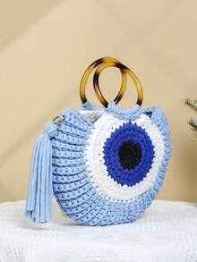 新款流苏编织包大容量独眼巨人印花手提包休闲度假沙滩单肩包半圆形手提包 - 淺藍色 - 查看 2