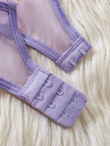 撞色性感设计女士时尚迷人蕾丝超薄诱人胸罩 - 透明贴身上衣和诱人丁字裤套装，适合约会、夜晚和浪漫场合 - 紫色 - 查看 4