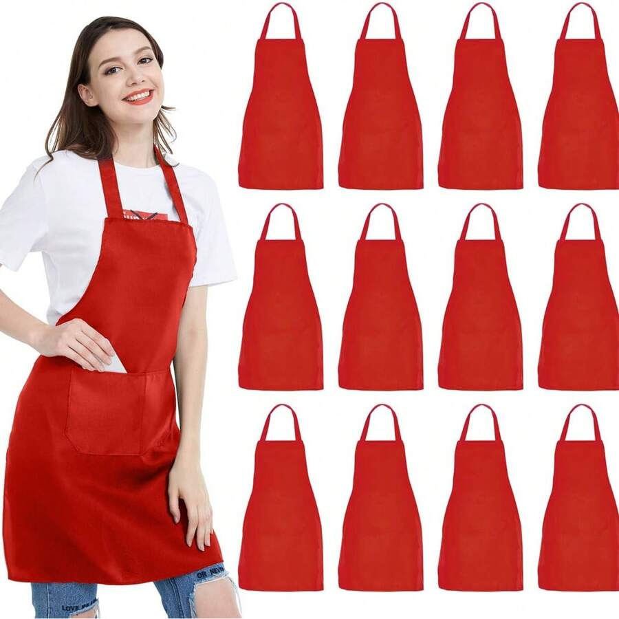 12 Pack Bib Apron,Unisex Black Commercial Apron With 2 Pockets,Unisex Black Plain Aprons With Long Ties,Kitchen Cooking Aprons For Women Men Chef,Painting BBQ Grilling Baking Restaurant,Machine Washable - Red - View 1