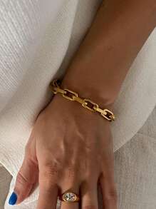 1pc 18K Gold Plated Chain Bracelet, Thick Link Bracelet, 6.5" Statement Bracelet, Stainless Steel Jewelry, Christmas Gift For Her