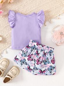 2pcs Infant Girls' Casual Bow Knit Top And Sunflower Printed Shorts Set - Purple - View 2