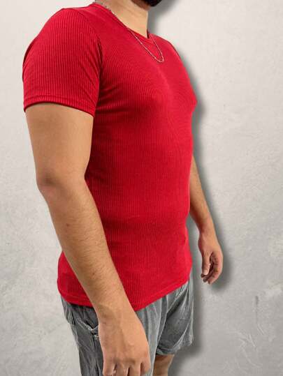 Camiseta Canelada Masculina Americana Slim Justa ao Corpo