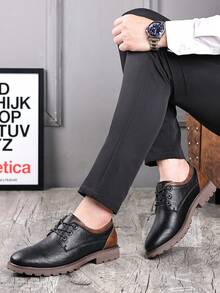 Men's Formal Lace-Up Leather Shoes, Casual Flat Shoes, Fashion New Style, Brown/Black Brogue Wingtip Business Dress Shoes, Oxford Style - Black - View 4