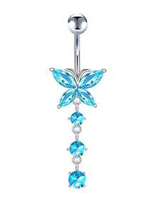 女士不锈钢防过敏 14G 肚脐穿孔饰品 - 心形 CZ 吊坠肚脐环，蓝色 - 彩色 - 查看 28