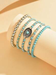 5pcs/Set Cowgirl Style Vintage Turquoise Floral Beaded Bracelet Set, Suitable For Women Or Men Daily Wear - Vintage Flower Bracelet Set - View 4