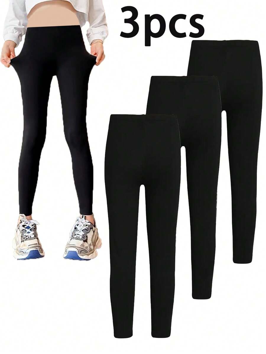 3pcs Sets Of Young Girls Spring And Summer Solid Color Stretch Leggings, Suitable For Daily Leisure, Simple And Comfortable Leggings