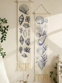 1Pc Nautical Seashell Tapestry Wall Hanging With Tassels – Coastal Beach Theme Coral Starfish Shell Banner For Bathroom Bedroom Living Room, Ocean Marine Vintage Wall Decor For Summer Coastal Cottage