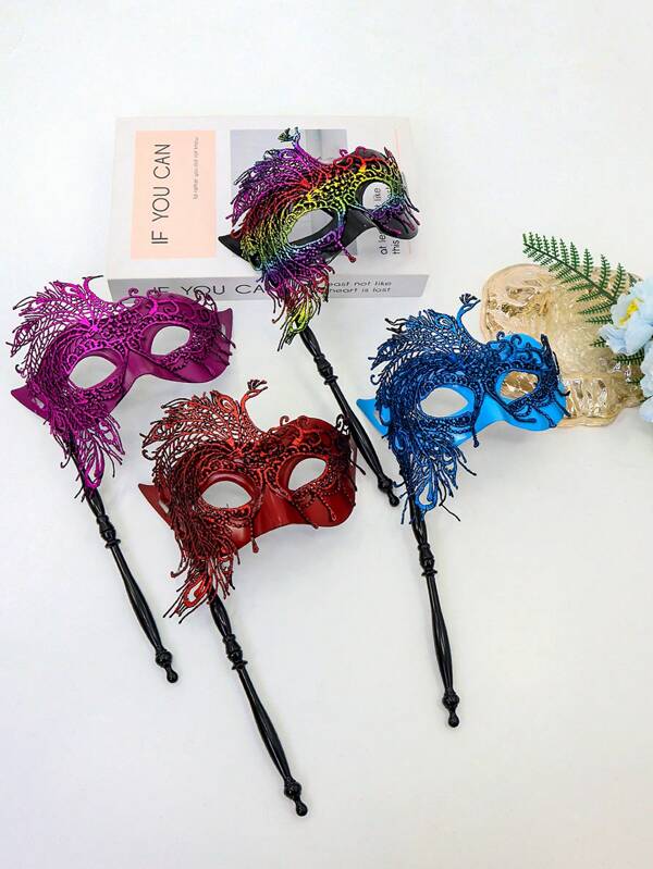 Women's Mask Handheld Peacock Masquerade Mask With Handle, Venetian Halloween Costume Mask For Ladies Party Decor