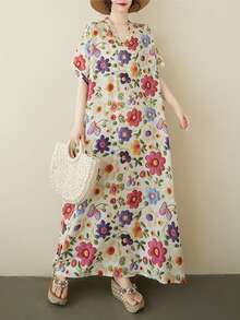 Sukienka kwiatowa, damska sukienka plażowa na wakacje, 2025 letnia sukienka dla starej matki, sukienka z handlu zagranicznego, dekolt w serek, głowa sen, kobieca sukienka z krótkim rękawem, bardzo szeroka, elegancka, oddychająca sukienka, bluzki, sukienka letnia, sukienka