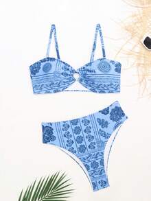 Women's Floral Print Spaghetti Strap Bikini Top And Bottom Casual 2 Pieces Set