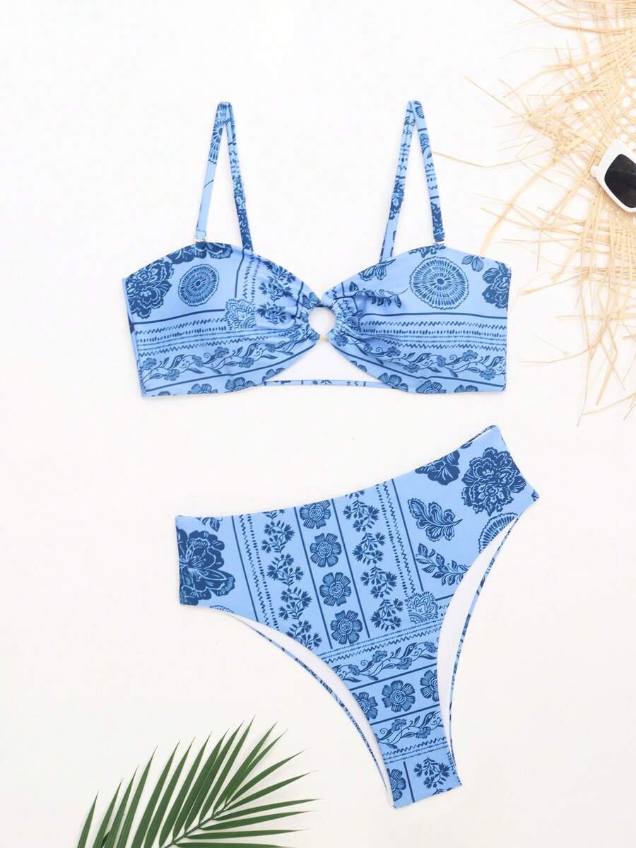 Women's Floral Print Spaghetti Strap Bikini Top And Bottom Casual 2 Pieces Set