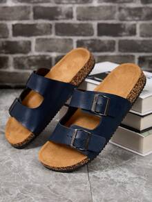 Women's Blue Adjustable Double Buckle Soft Cork Sandals, Open Toe Slides With Arch Support, Comfortable Beach Shoes For Casual, Vacation, Pool And Daily Wear - Navy Blue - View 3