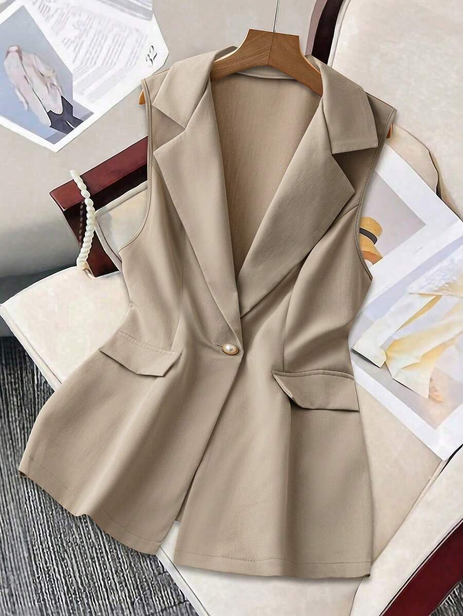 Damen einfache & legere Weste mit Latzrevers und Einzelknopfverschluss, ärmellos, elegante unifarbene Passformweste für Frühling & Sommer & Herbst Alltagstragen