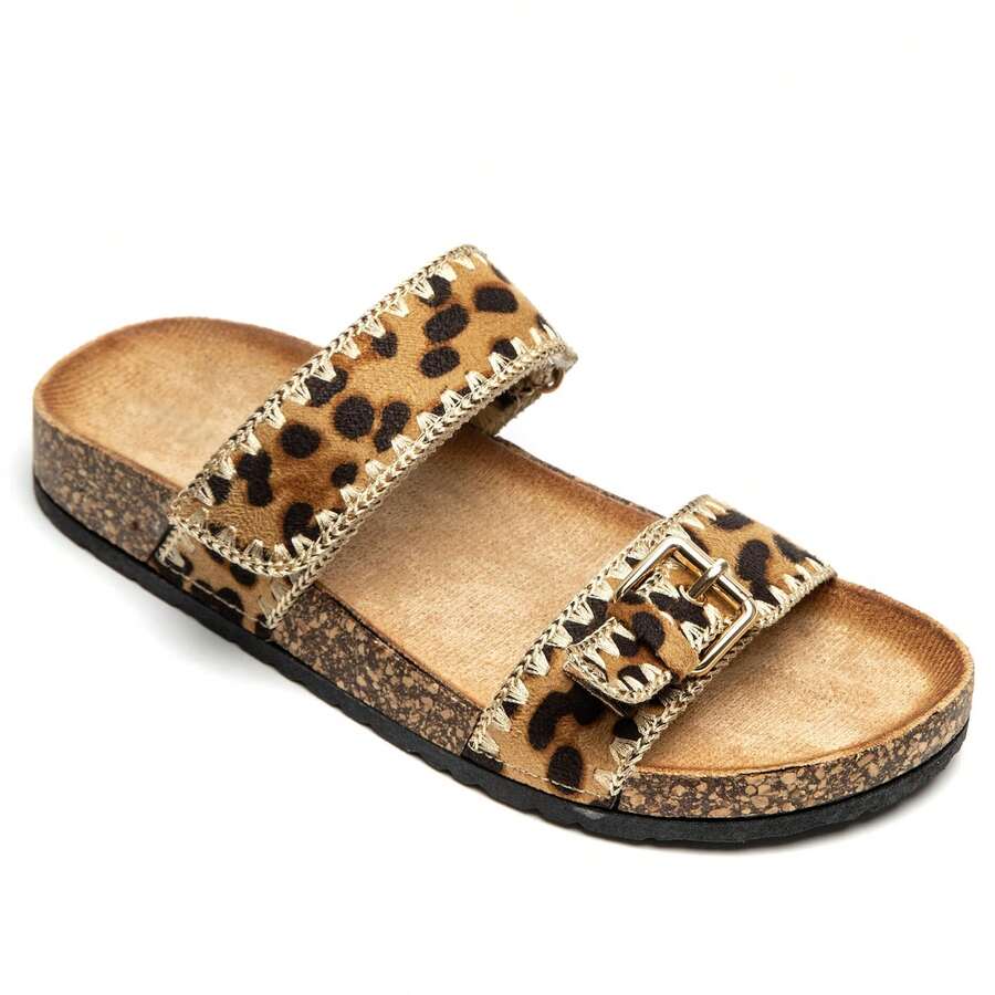 Sandals And Semelle Effet Liège Avec Brides Doubles And Boucle Réglable – Style Bohème Décontracté - LEOPARD - View 1