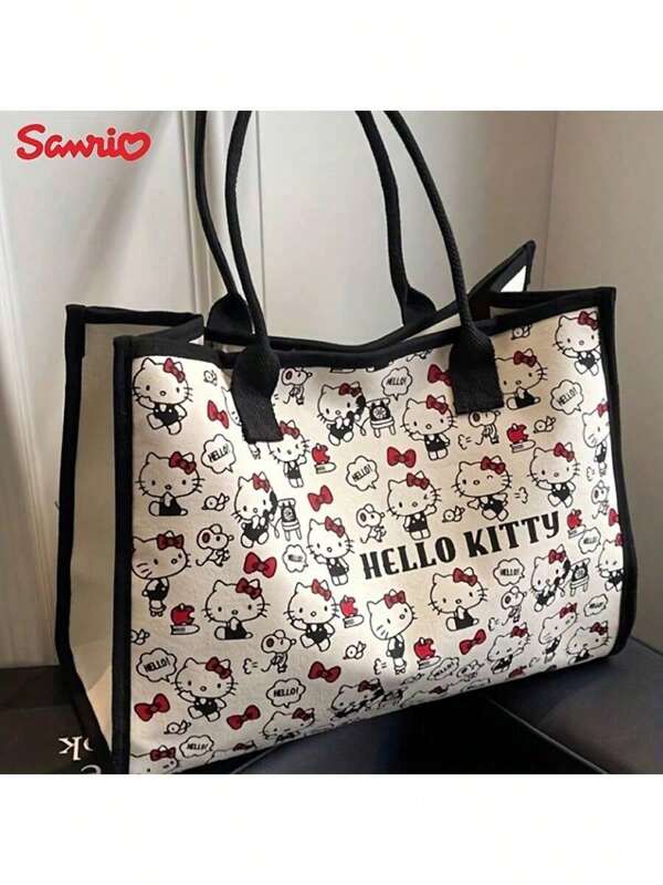 Sanrio [Customer Favorite] Sanrio Hello Kitty Canvas Tote Bag - Large Capacity, Lightweight And Fashionable, With Zipper Closure, Available In White/Red, Black/Red, Blue/White Back To School