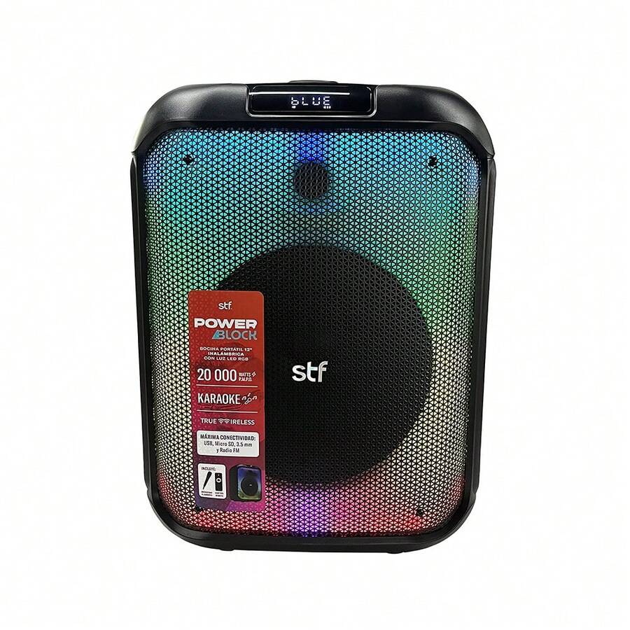 STF Power Block Speaker 12 LED Lights FM Radio Built-In Microphone Micro SD, USB Inputs Remote Control Included - Black - View 1