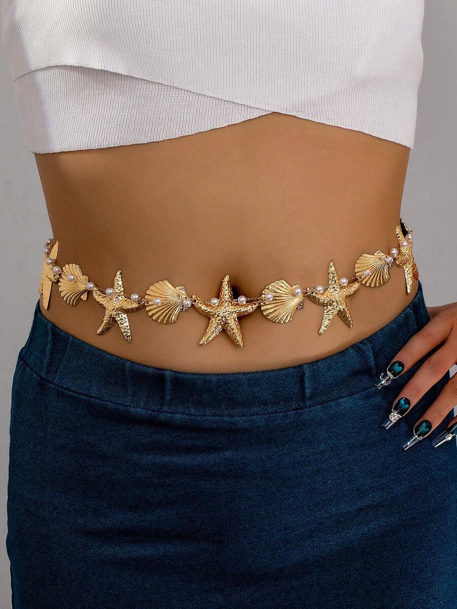 1pc Fashion Starfish & Shell Faux Pearl Waist Chain, Suitable For Women Beach Resort Wear - Yellow Gold - View 1
