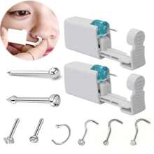 2 pezzi Kit di perforazione nasale monouso con piercing nasali incorporati - Kit di autoperforazione nasale con 6 pezzi di anelli per piercing al naso