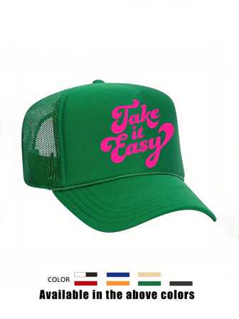 1 件“Take It Easy”印花抽绳棒球网帽，可调节户外防晒休闲帽，适合春秋旅行、海滩、年轻人的 Y2K 风格