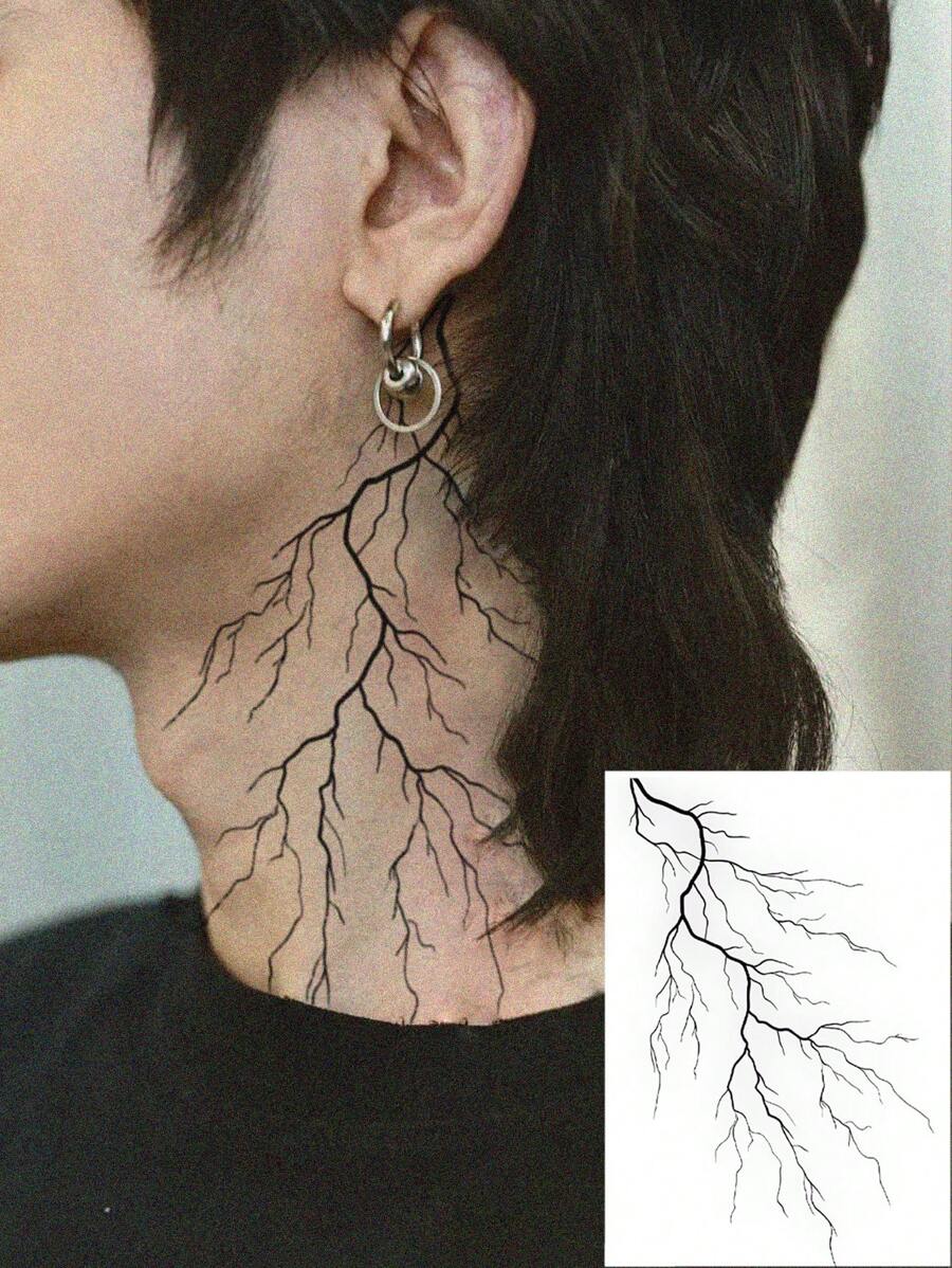 1 Pc Black Vein Lightning Temporary Tattoo, Realistic Looks Like Real Tattoo, Waterproof, Lasts 3-5 Days, Suitable For Men And Women, Goth/Dark Style For Neck, Collarbone, Chest, Waist, Arms, Thighs Or Back, Great For Parties, Gifts, Holidays, Easy To Apply And Remove Body Art Sticker
