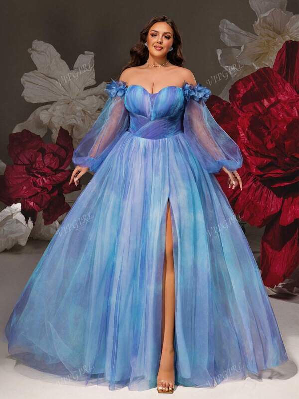 VIPGIRL Robe de soirée longue avec épaules dénudées effet dégradé bleu violet grande taille pour femmes avec manches bouffantes et fente haute, robe de soirée en tulle, robe de invitée de mariage, robe de bal glamour, robe de style de fée pour soirée, robe de fête