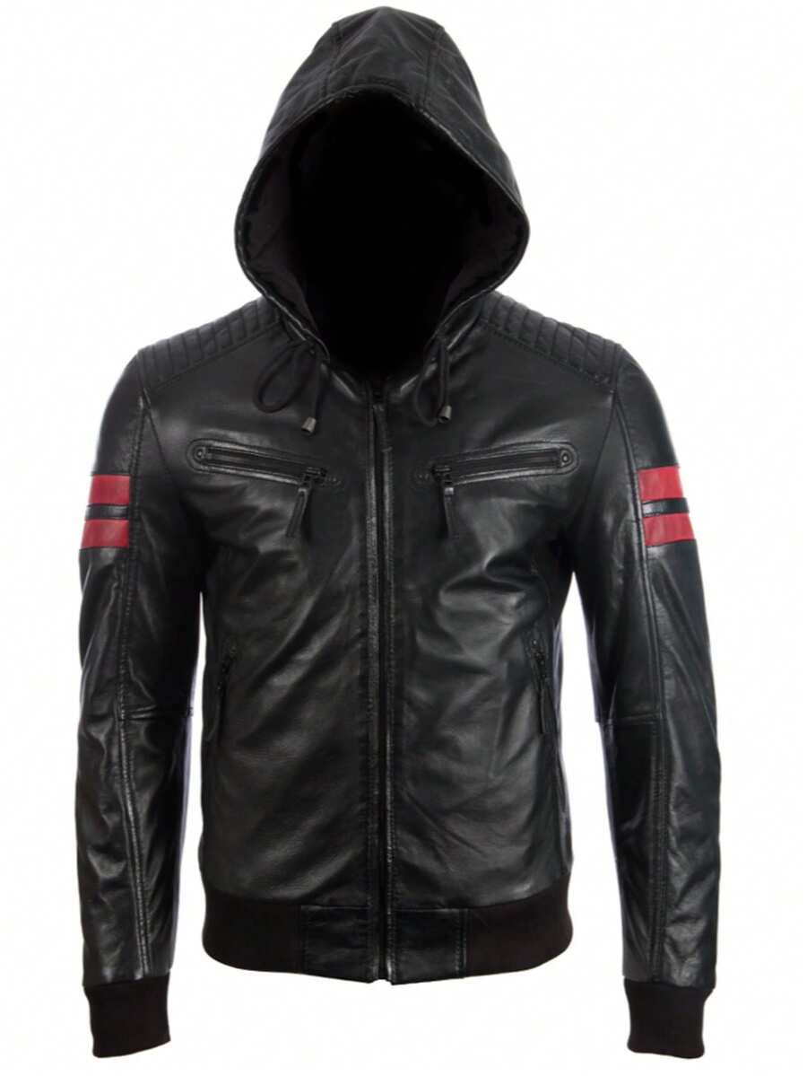 AVIATRIX Men's Real Leather Hood Bomber Jacket 2VQ9 Black - Black - View 1
