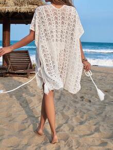 女士纯色罩衫，春夏沙滩装钩针镂空抽绳流苏细节，针织罩衫（不含比基尼） - 白色 - 查看 2