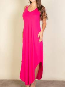 Women's Elegant Sleeveless V-Neck Knitted Fabric Long Dress With Asymmetrical Hem And Split Thigh Casual Loose Fit - 紫紅色 - 查看 2
