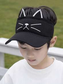 1pc Kids Knitted Embroidered Cat Face Elastic Brimless Cap - Black - View 1