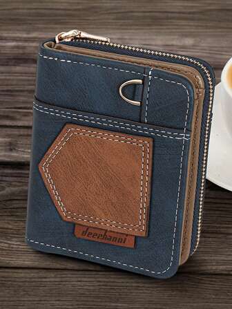 Nuevo monedero clip de dinero de patchwork para hombres, billetera pequeña plegable minimalista estilo retro, monedero con cremallera bifold de estilo europeo y americano para negocio