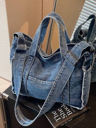 1 件蓝色简约大容量女士单肩手提包，适合旅行、度假，可容纳笔记本电脑、书籍、衣服