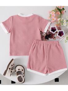 2pcs Young Girls Floral Short Sleeve Shorts Casual Comfortable Breathable Summer Set - Pink - View 2