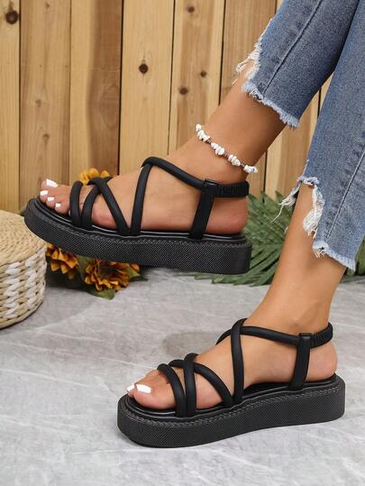 女士厚底交叉带纯色露趾凉鞋，适合室内外穿着