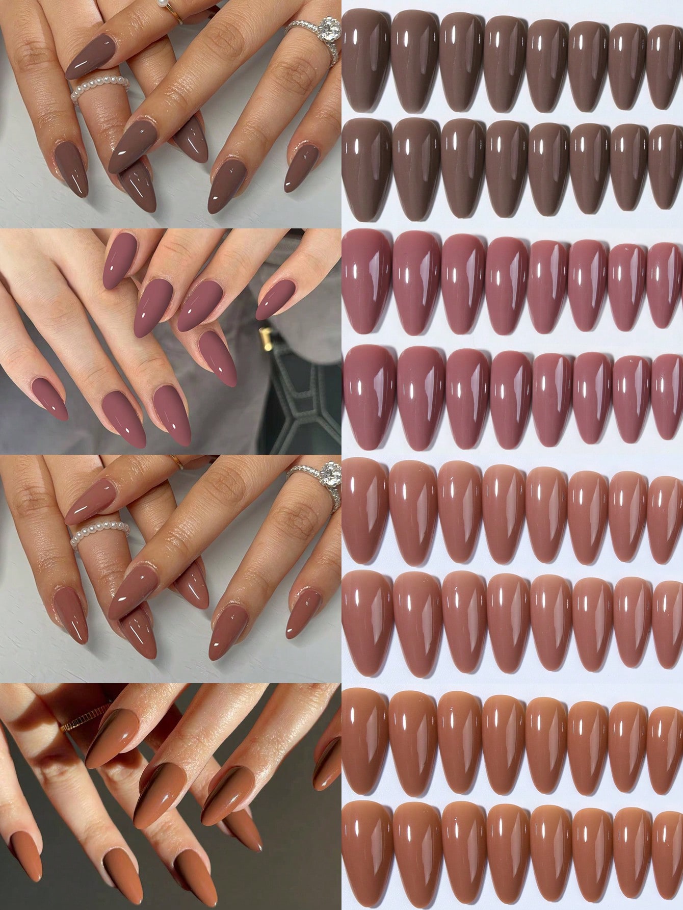 96 قطعة (4 مختلطة) أظافر أكريليك بني فاتح لوز لامع...