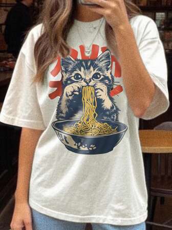 Camiseta de manga corta casual y cómoda para uso diario de mujer, camiseta retro con estampado de gato y ramen, camiseta linda con gatito, camiseta con patrón de cartel vintage, top de algodón grueso unisex, regalos divertidos de animales, ropa para amantes de la comida, patrón divertido, adecuada para uso diario casual, fiestas, viajes, inicio del año escolar, adecuada como regalo