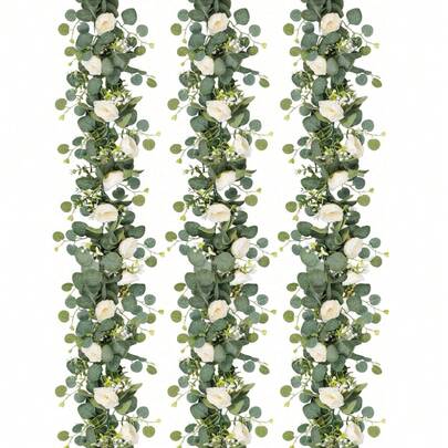 2pcs=12ft Luxurious Artificial Eucalyptus & Rose Garland - Elegant Cream Roses & Green Leaves, Durable Plastic, Perfect For Weddings, Home Parties, Holiday Decor, Table Runner, Anniversaries, Housewarmings, Hanging Artificial Flowers Mother's Day Decor, Room Decor, Wedding Ceremony, Table Runner, Floor Mat, Scene Decor, Home Decoration (White) Gifts Birthday Graduation