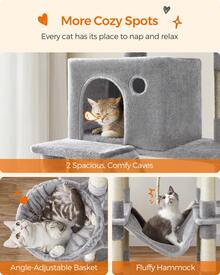 Feandrea Cat Tree, 81.1-Inch Large Cat Tower With 13 Scratching Posts, 2 Perches, 2 Caves, Basket, Hammock, Pompoms, Multi-Level Plush Cat Condo For Indoor Cats, Light Gray - 淺灰色 - 查看 5