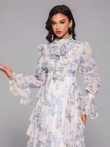 女士荷叶边飘逸长裙，带有随机花卉印花，优雅，派对礼服，长袍，正式，晚会，婚礼宾客